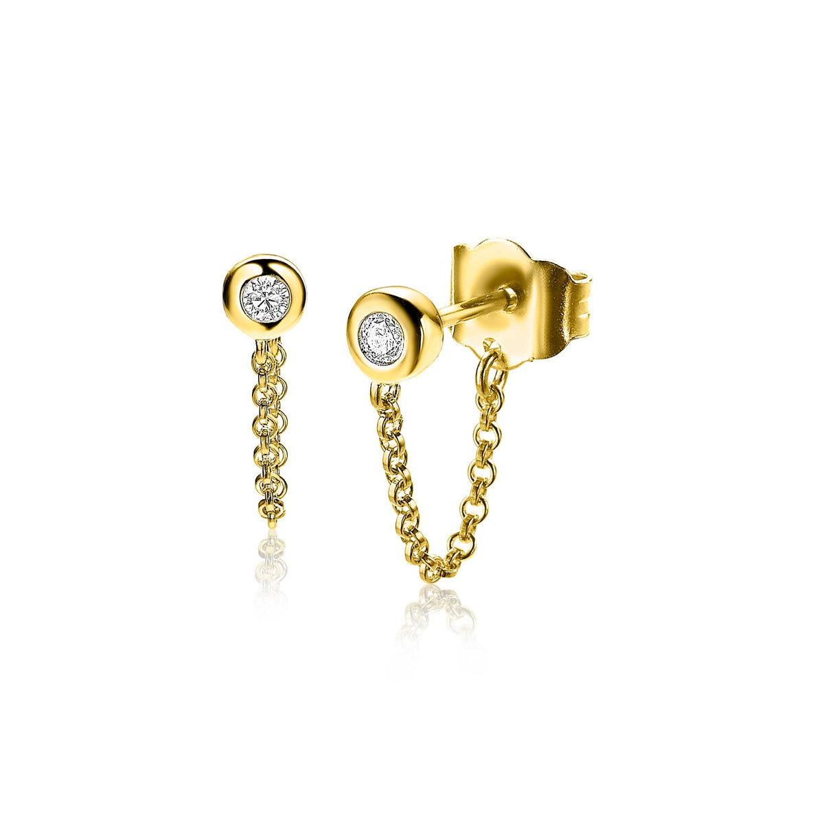 Boucles d'oreilles dorées avec un pendentif en chaîne et un détail en strass.