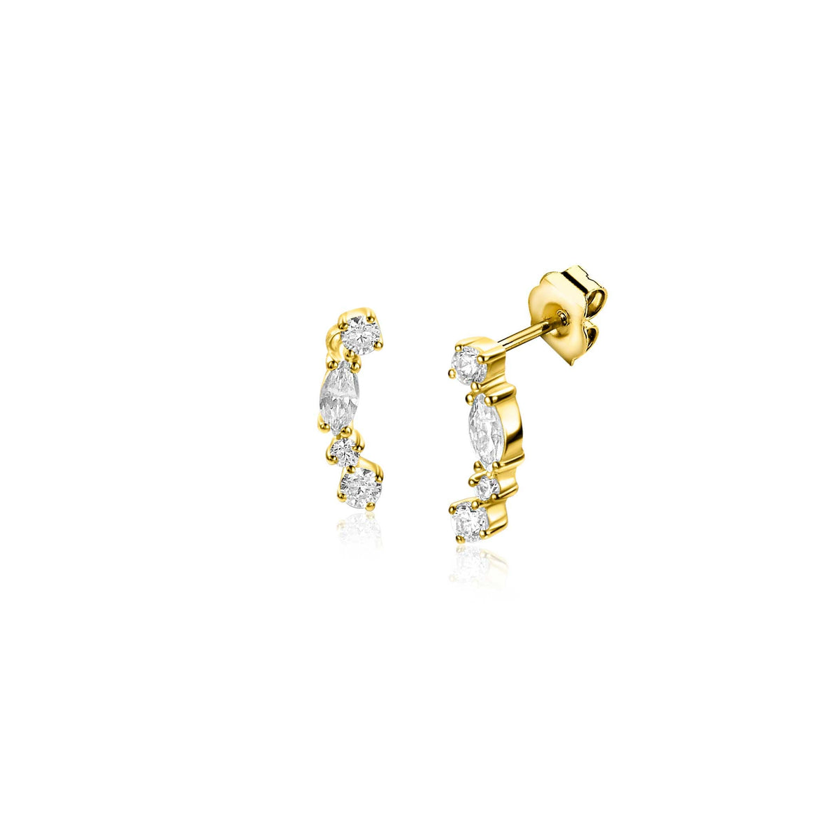 Boucles d'oreilles en or avec des pierres brillantes en forme de marquise et de rond.