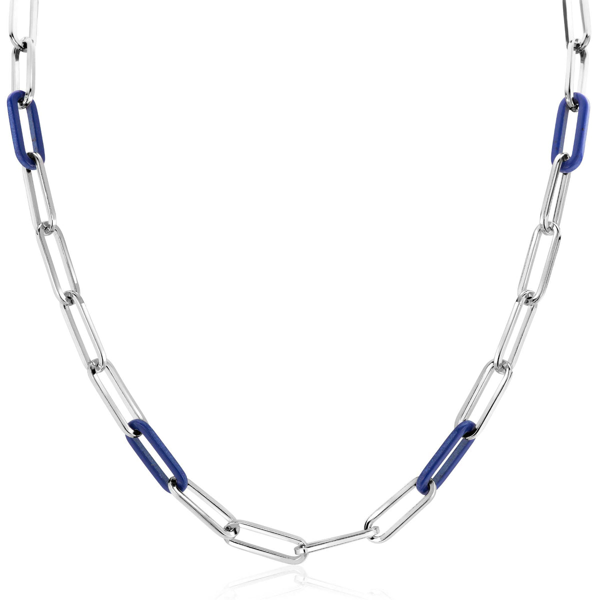 Collier en argent avec maillons allongés et éléments bleus.