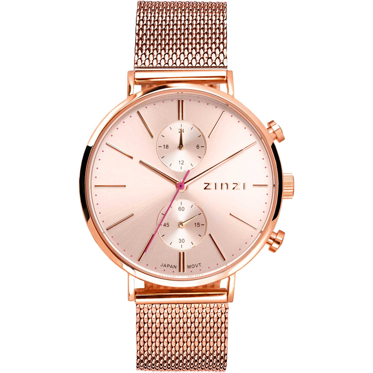 Montre en acier inoxydable doré rose avec cadran rose et bracelet en maille.
