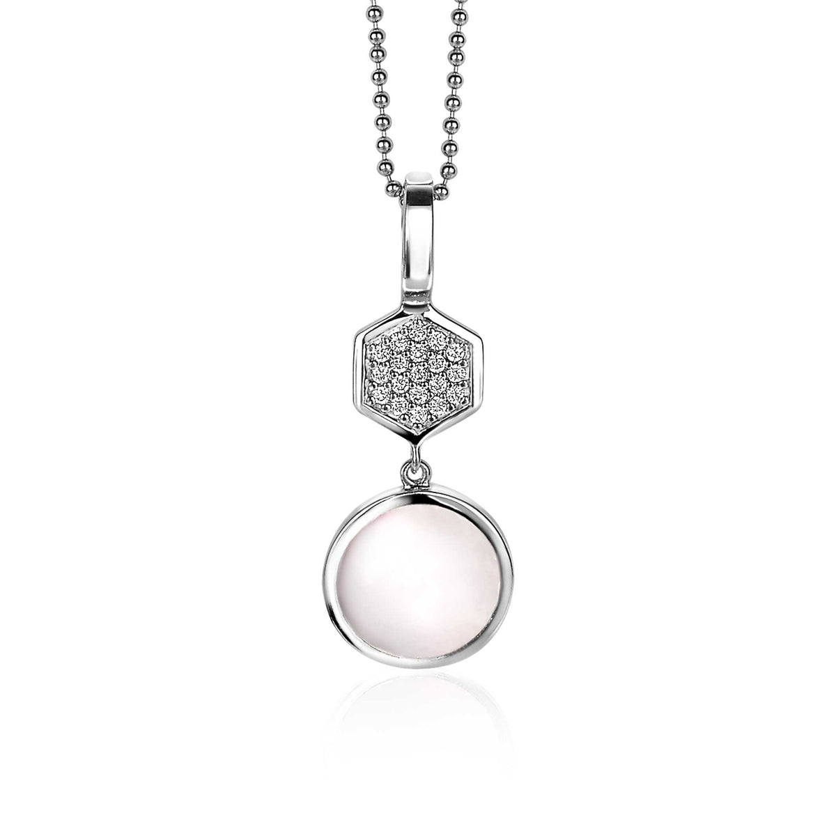 Pendentif en argent avec un motif hexagonal et une pierre ronde rose.