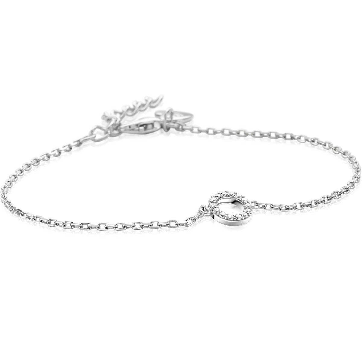 Bracelet en argent avec un pendentif circulaire orné de pierres brillantes.