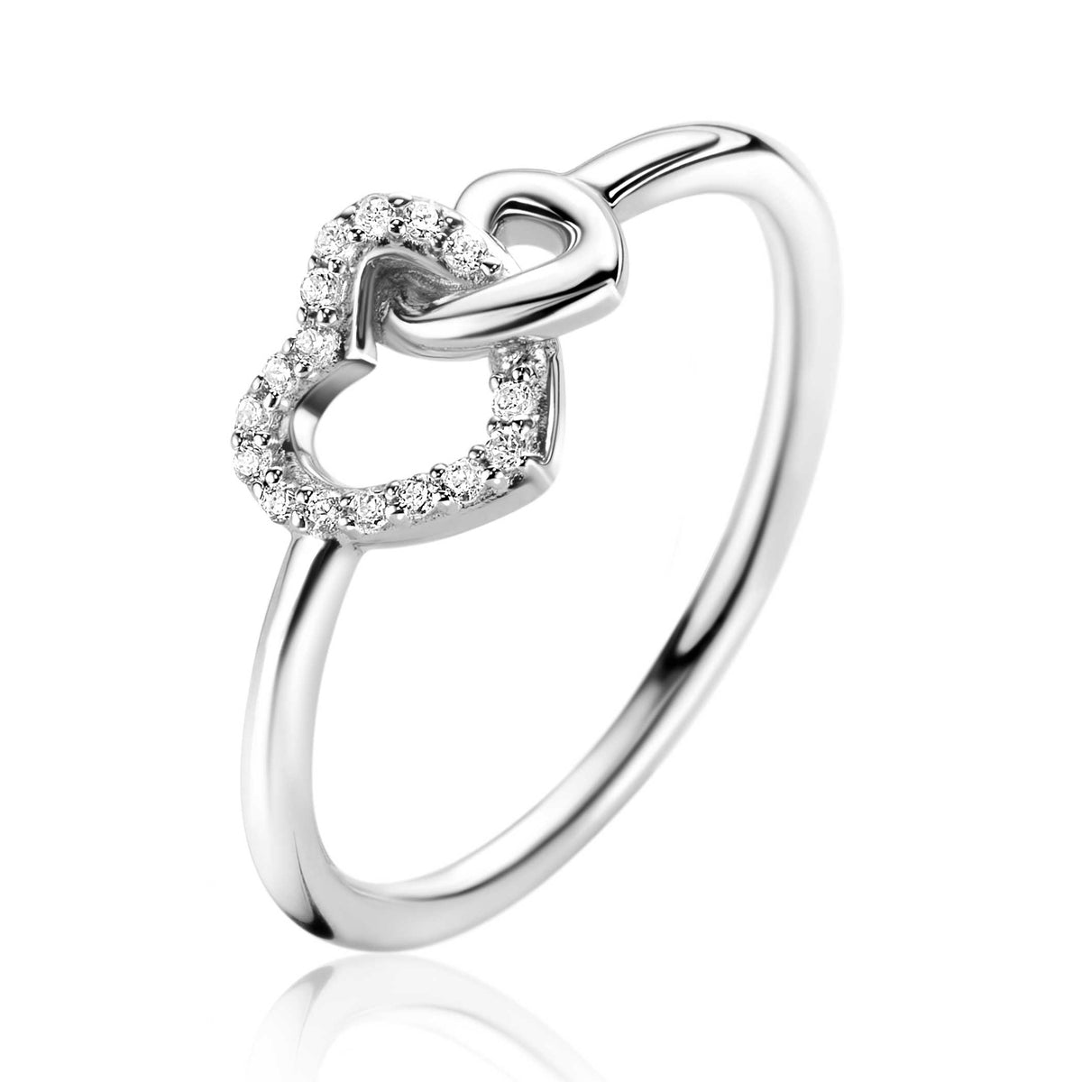 Bague en argent avec motif en forme de cœur orné de zircons.