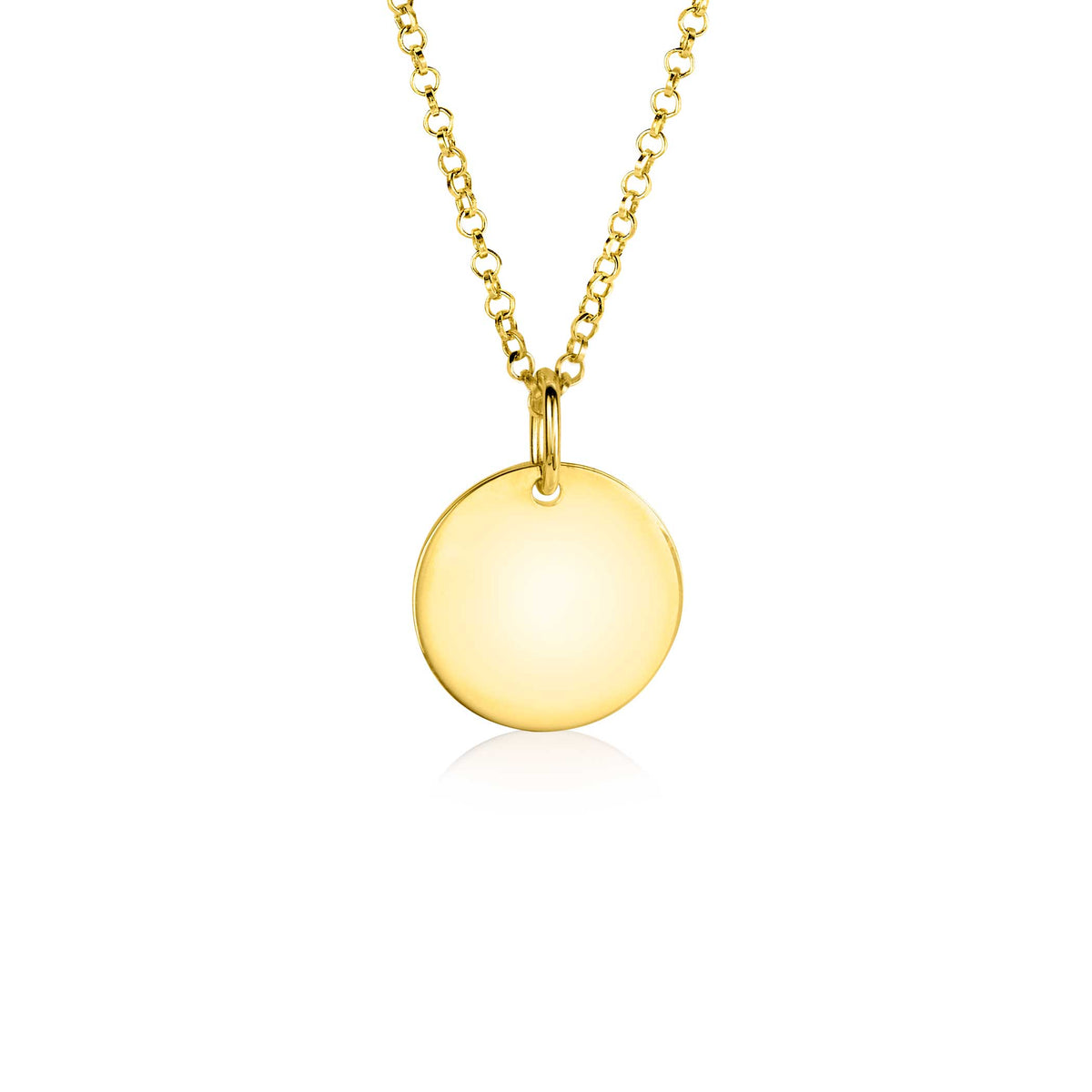 Pendentif rond en or jaune sur une chaîne délicate.