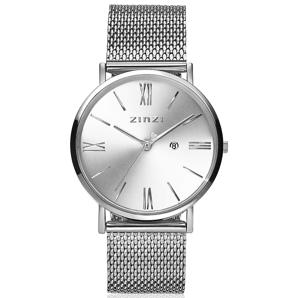 Montre en acier argenté avec un cadran argenté et des chiffres romains.