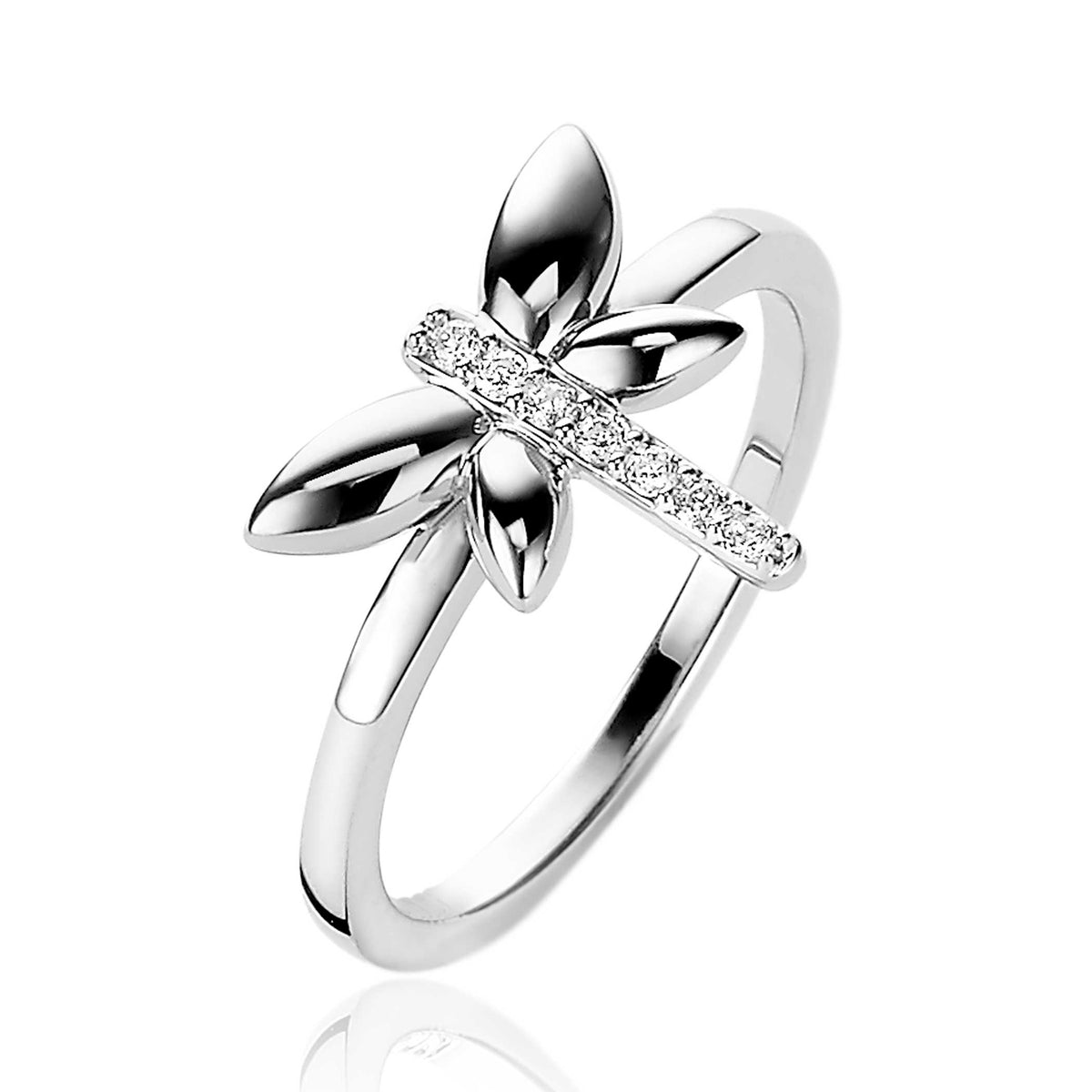 Bague en argent avec motif de fleur et strass.