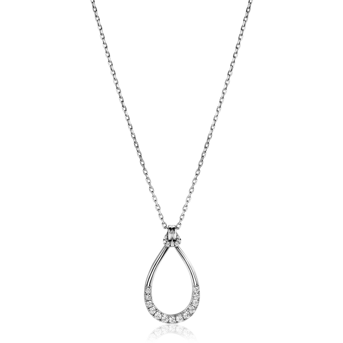 Collier en argent avec pendentif en forme de goutte, orné de cristaux.