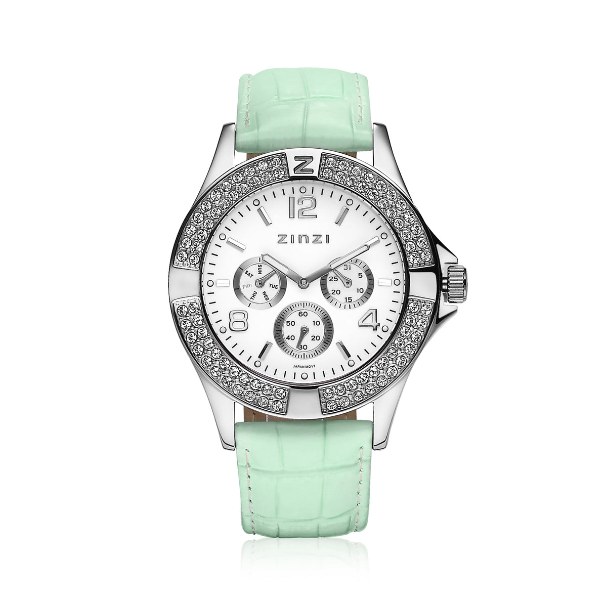 Montre en acier argenté avec un cadran blanc et des cristaux, bracelet en cuir vert menthe.