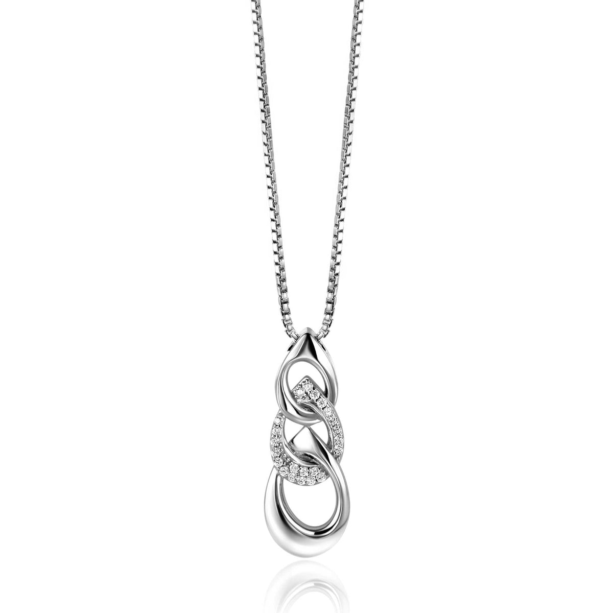 Collier en argent avec pendentif en forme d'entrelacs orné de pierres brillantes.