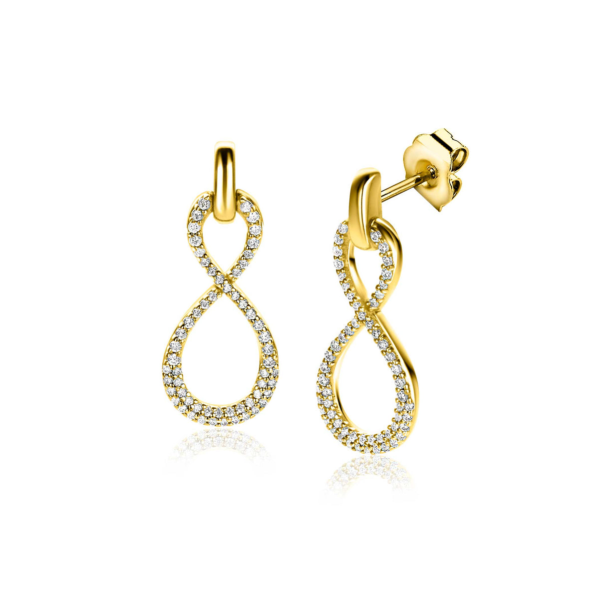 Boucles d'oreilles dorées en forme de symbole infini, ornées de cristaux brillants.