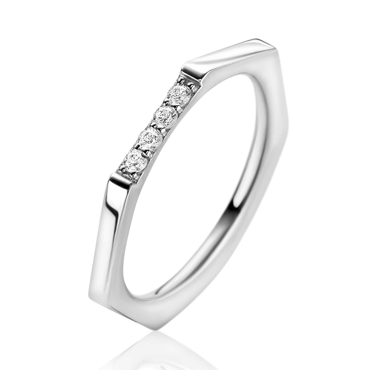 Bague en argent avec un design géométrique et cinq zircons brillants.