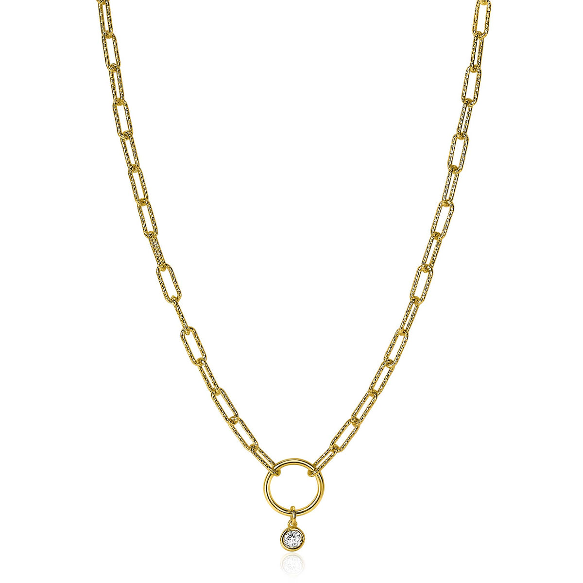 Collier doré avec maillons allongés et pendentif rond orné d'un zircon.