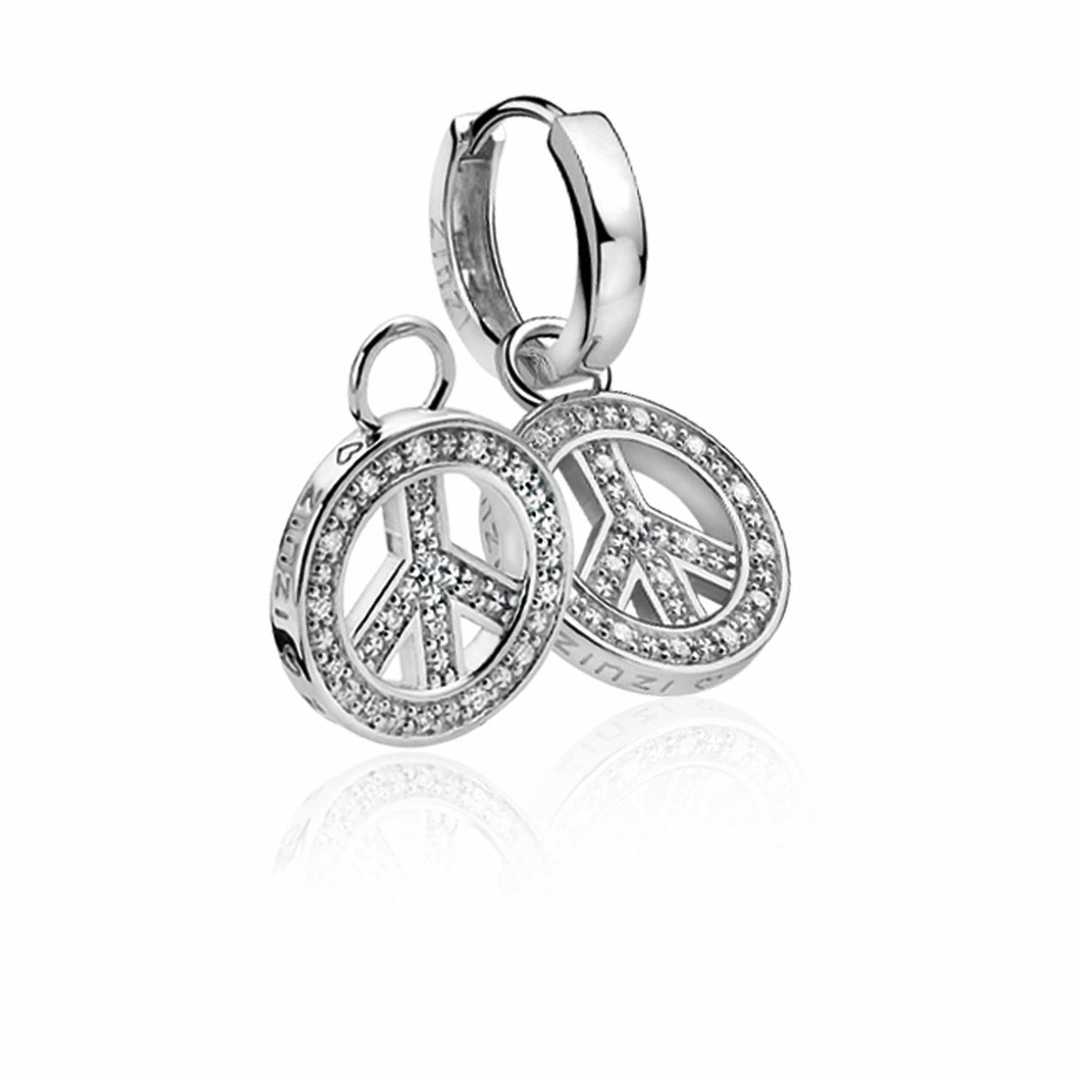 Boucles d'oreilles en argent avec des pendentifs en forme de symbole de paix ornés de zirconiums.