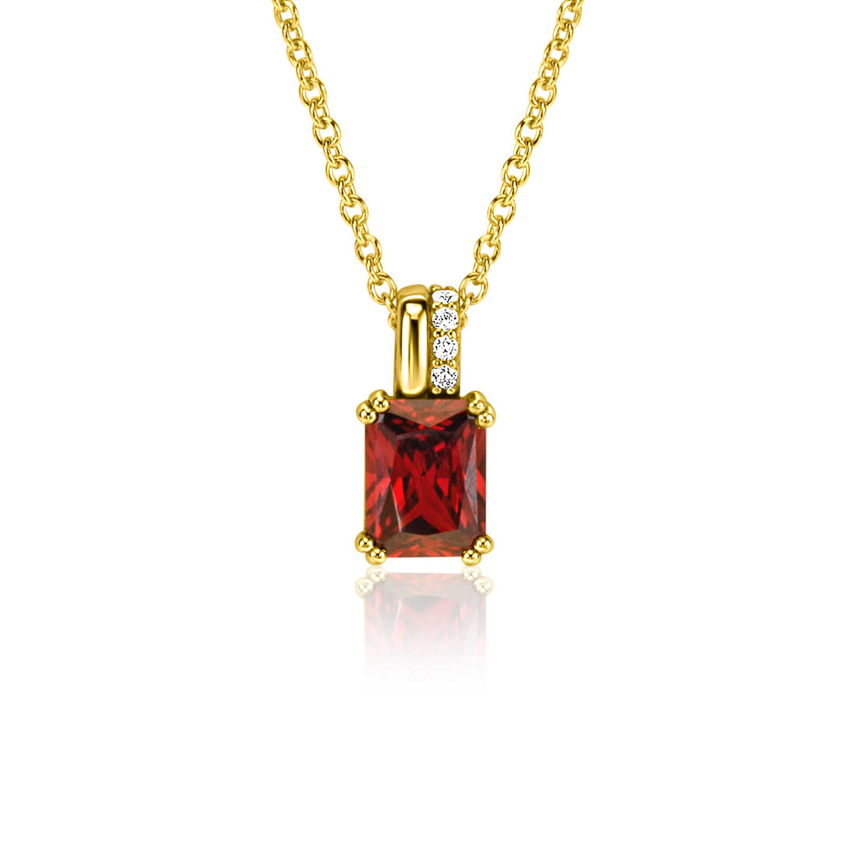 Pendentif en plaqué or avec un rubis rectangulaire et des pierres brillantes.