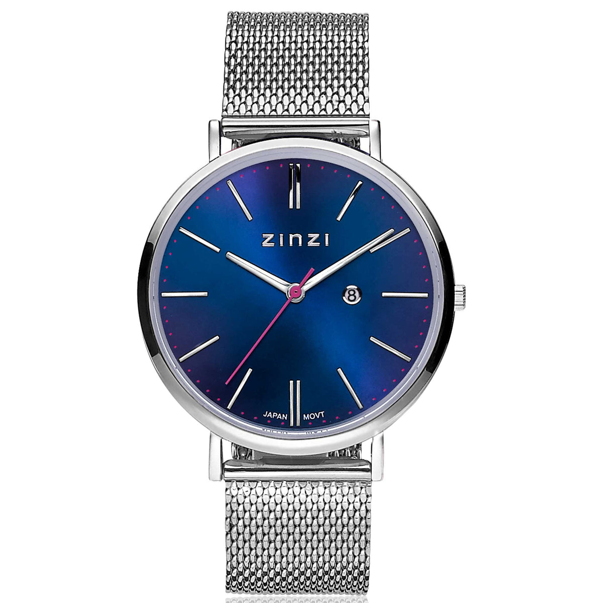 Montre en acier argenté avec un cadran bleu et un bracelet en maille.
