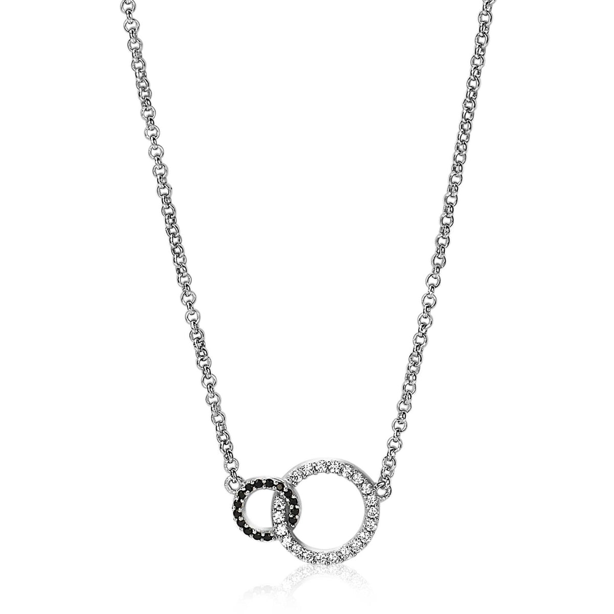 Collier en argent avec deux anneaux, l'un orné de pierres noires et l'autre de pierres brillantes.