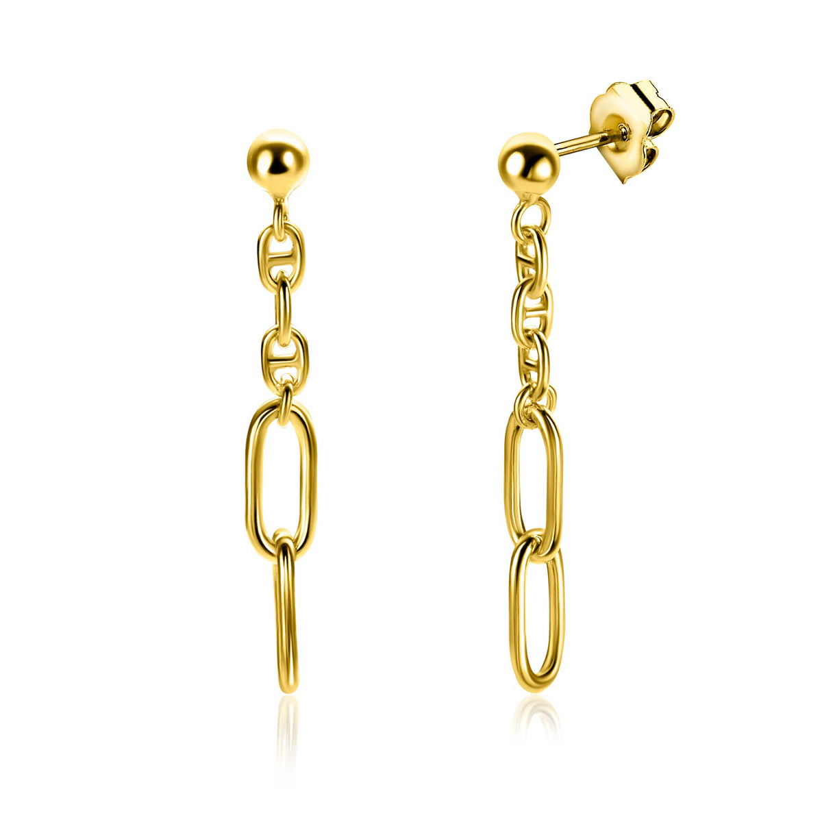 Boucles d'oreilles dorées avec des maillons en chaîne et une perle en haut.