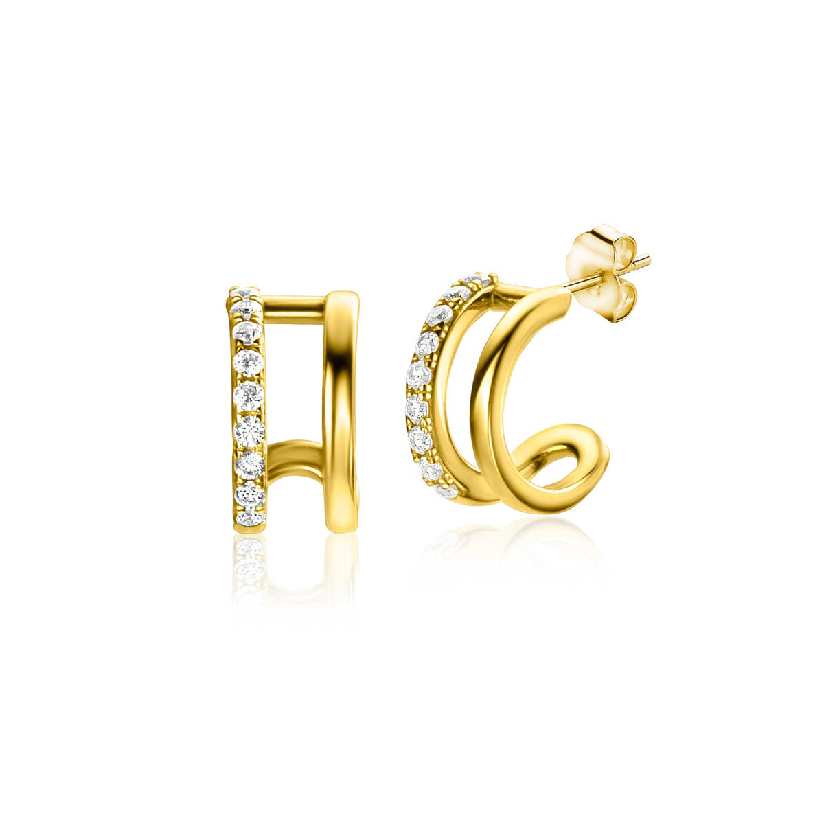 Boucles d'oreilles en or avec des cristaux, forme moderne et élégante.