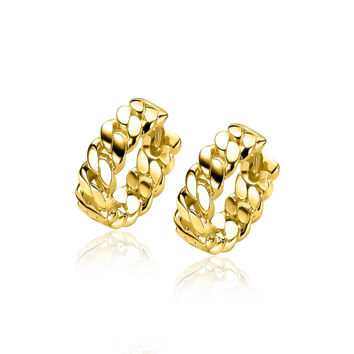 Boucles d'oreilles dorées en forme de maillons, avec un design texturé et brillant.
