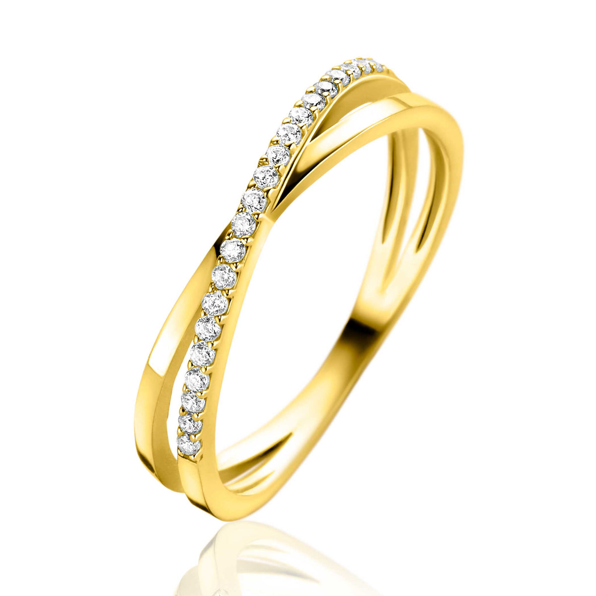 Bague en or avec un design entrelacé et des zircons scintillants.