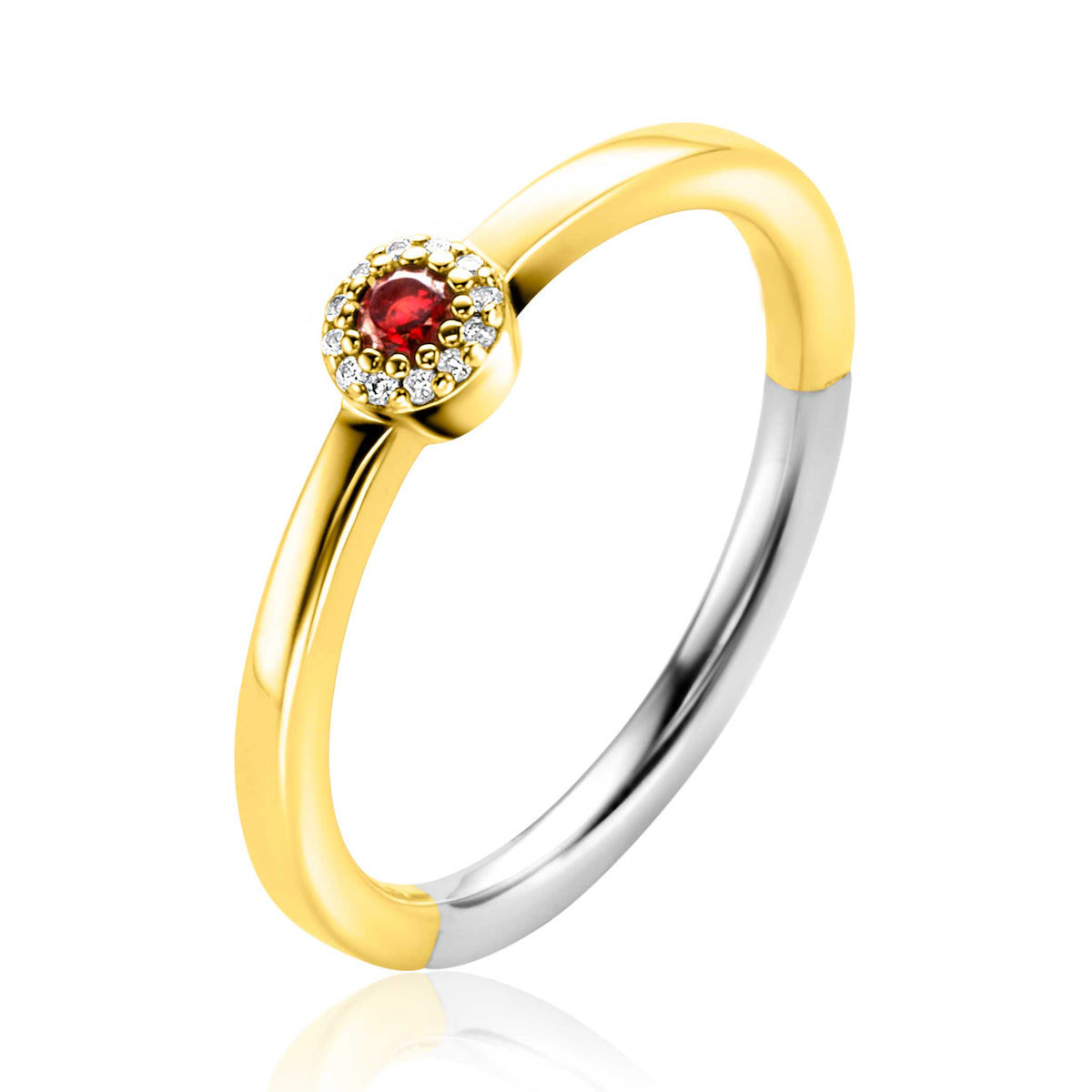 Bague en argent avec finition dorée, ornée d'un zircon rouge et de petits zircons blancs.