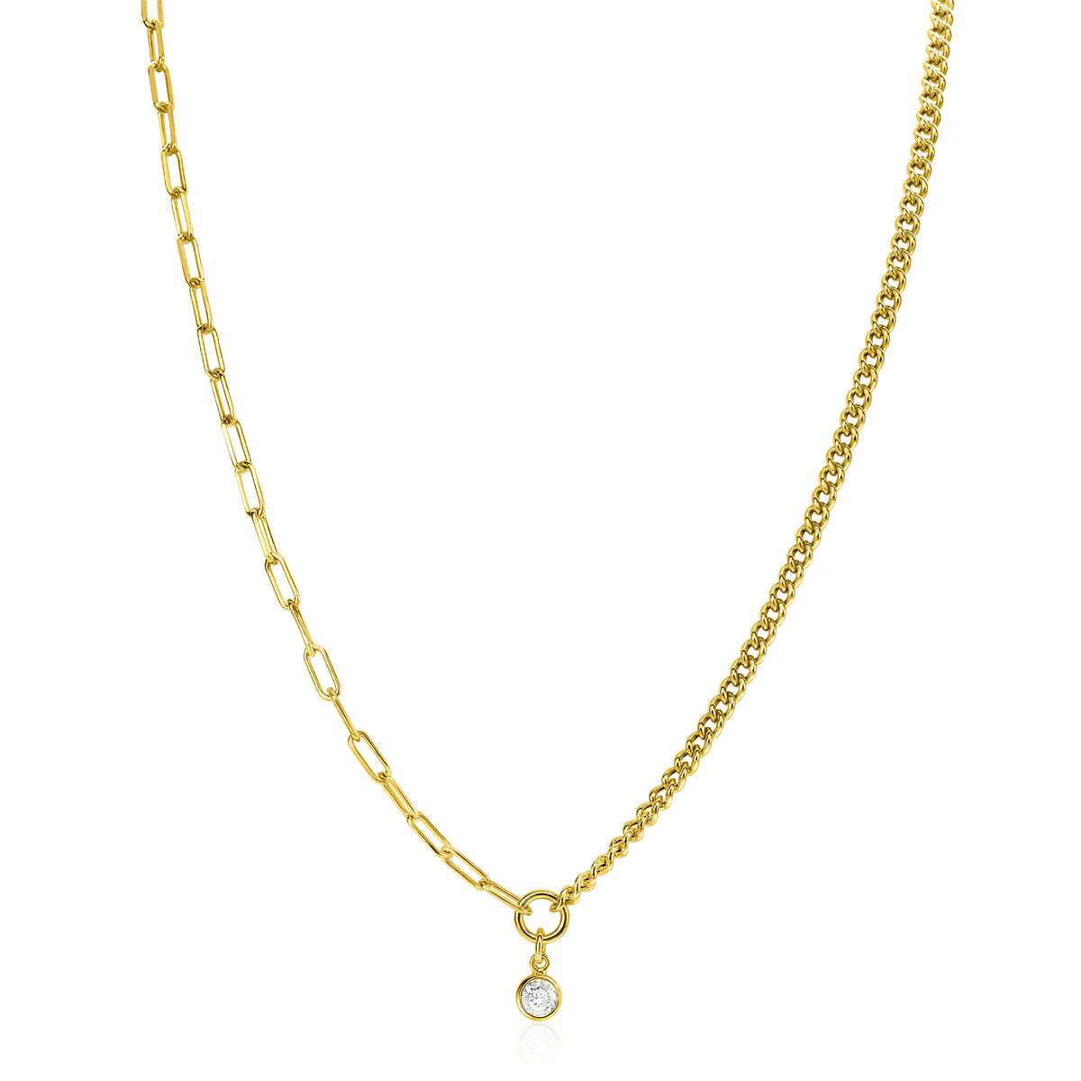 Collier doré avec maillons et pendentif orné d'un cristal.