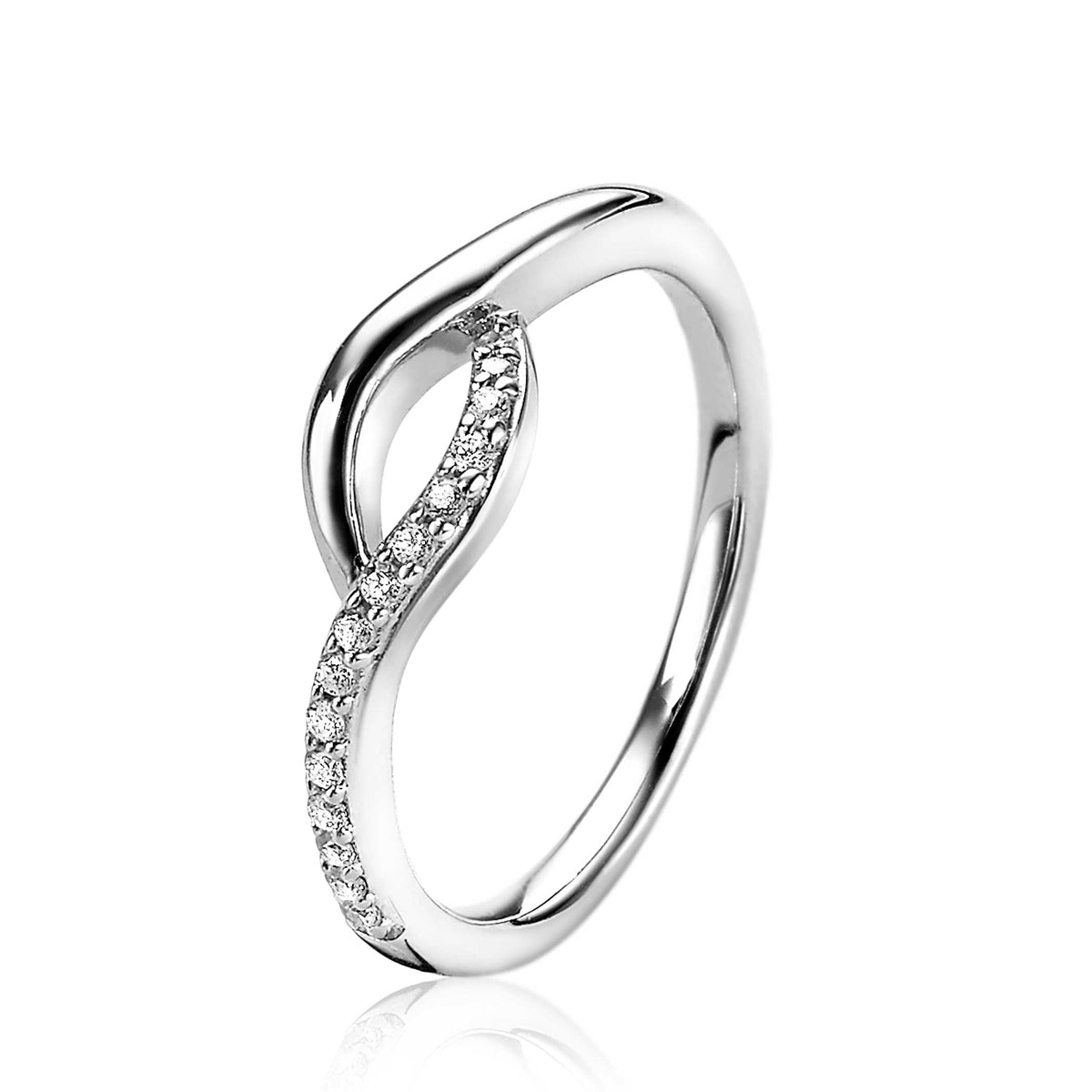 Bague en argent avec un design en forme de boucle et des zircons.