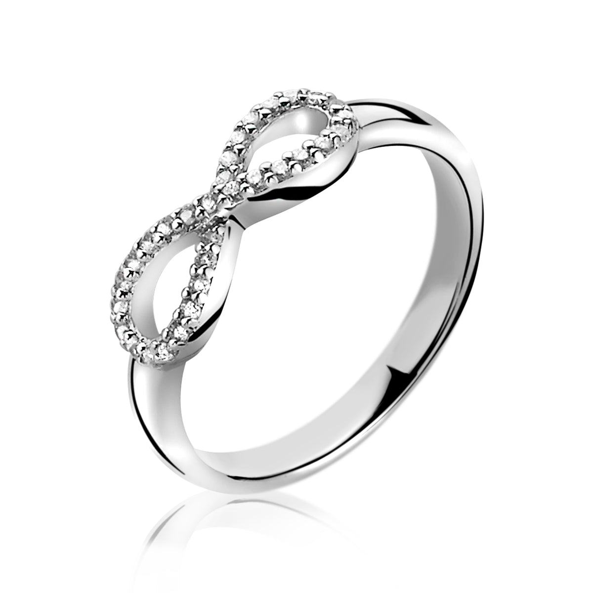 Bague en argent avec motif infini orné de petites pierres brillantes.