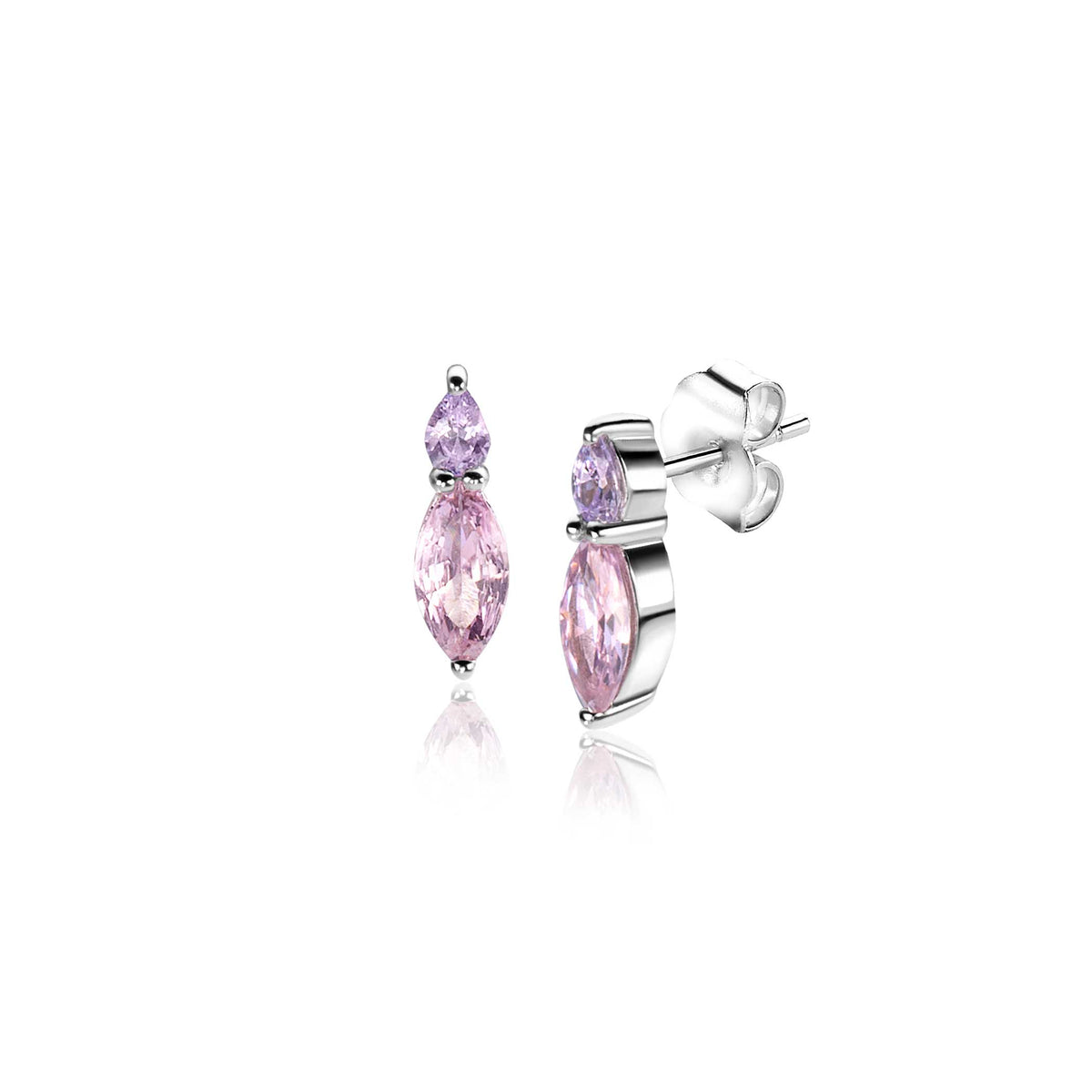 Boucles d'oreilles en argent avec des pierres roses en forme de marquise.