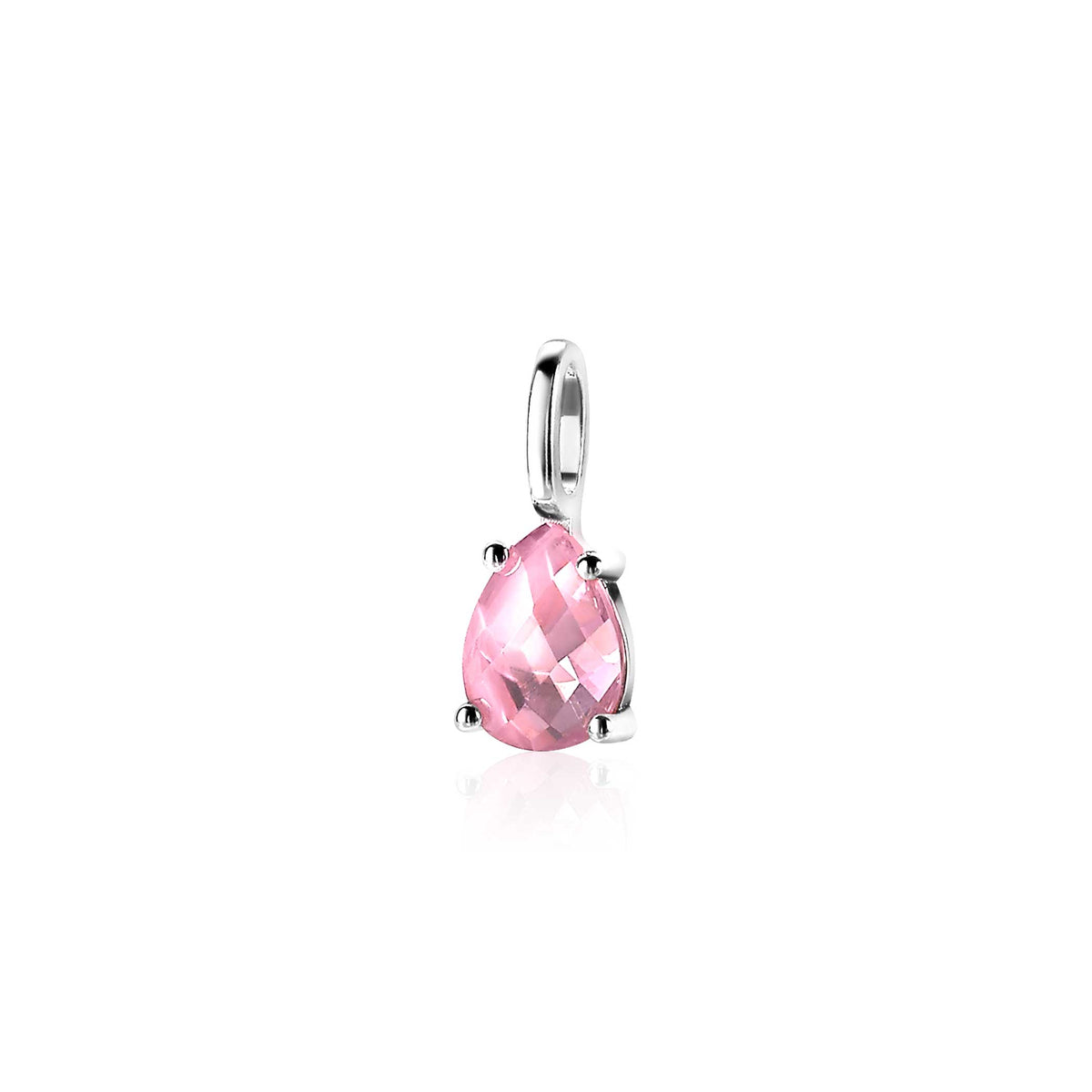Pendentif en argent avec une pierre rose en forme de poire.