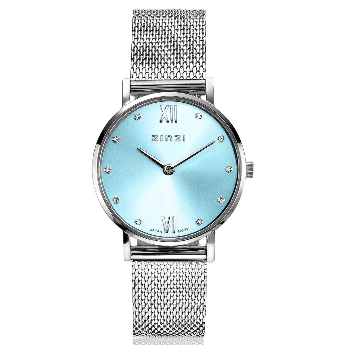 Montre en acier argenté avec un cadran bleu clair et des index en strass.