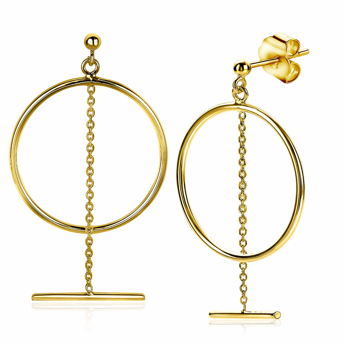 Boucles d'oreilles dorées en forme de cercle avec une chaîne suspendue.