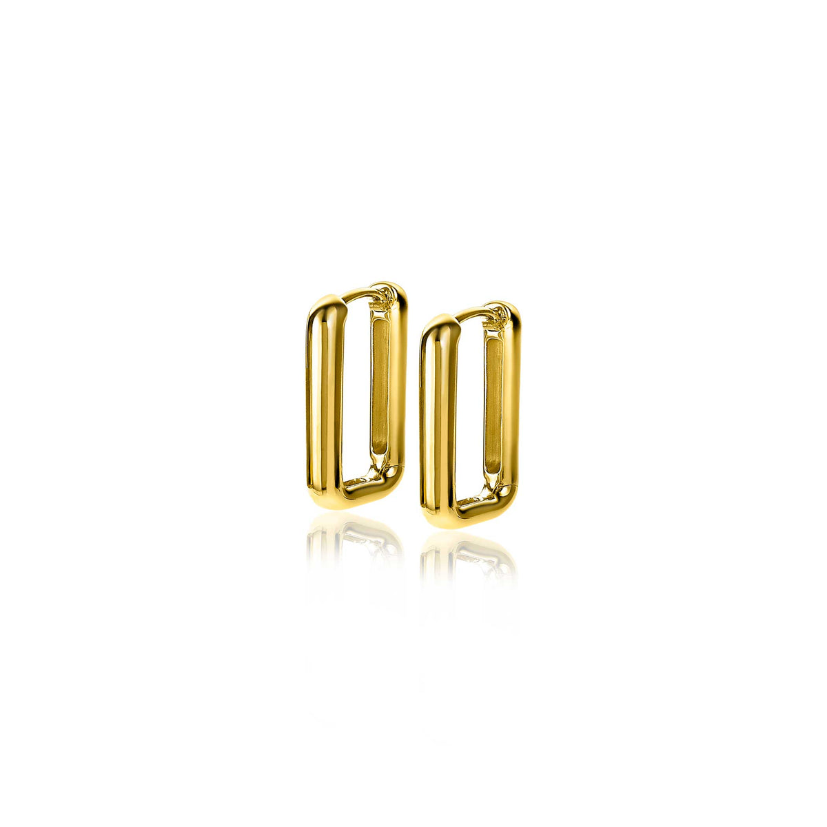 Boucles d'oreilles dorées en métal, de forme rectangulaire et lisse.