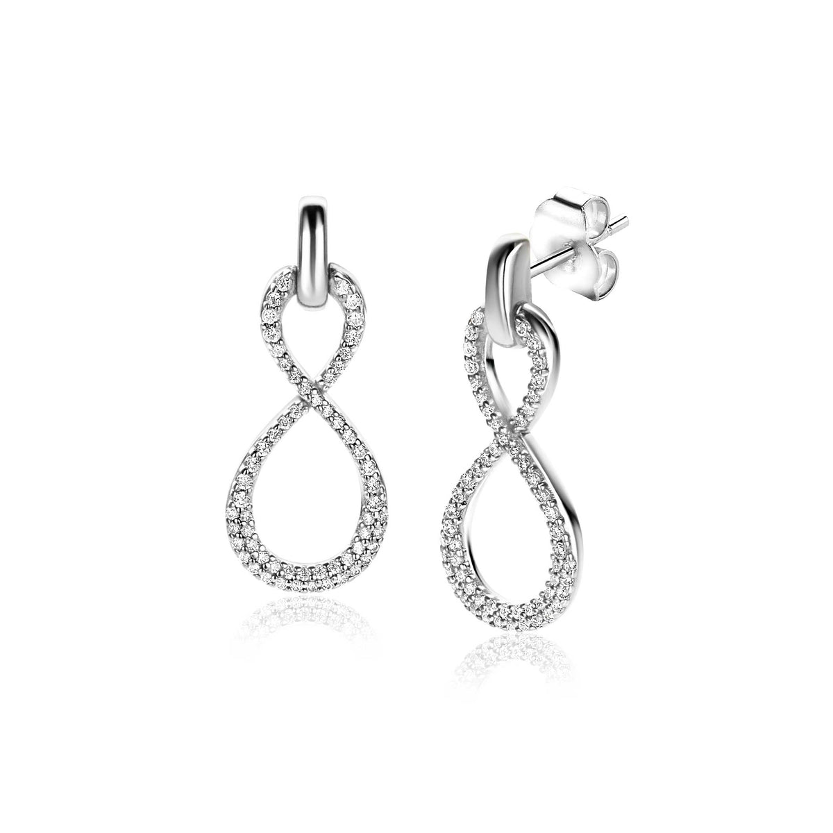 Boucles d'oreilles en argent en forme de symbole infini, ornées de petites pierres brillantes.