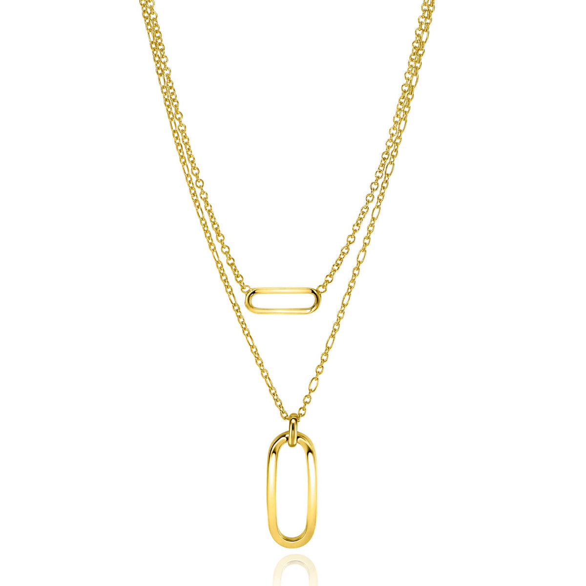 Collier doré à deux chaînes avec un pendentif ovale et un maillon allongé.