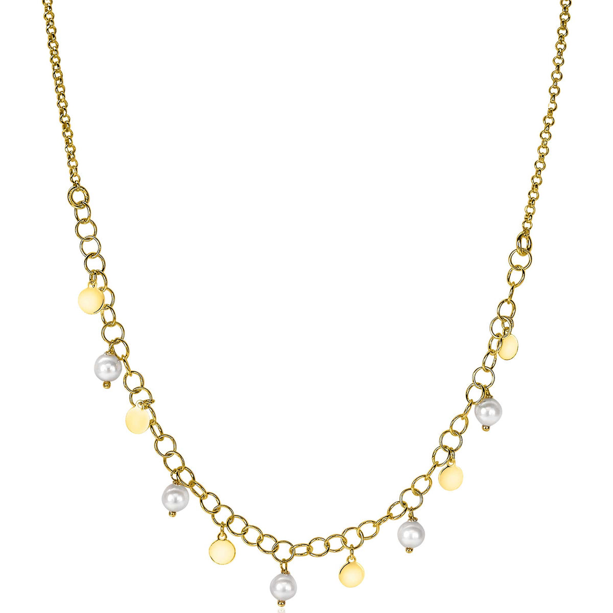 Collier doré avec des pendentifs en perles et médaillons.