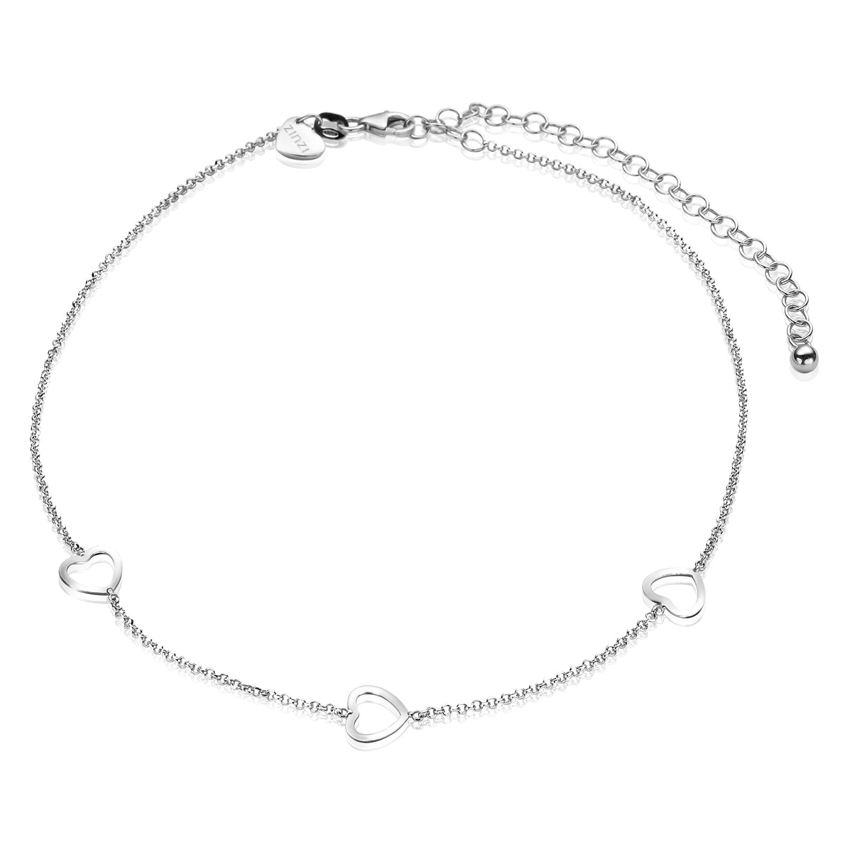 Bracelet en argent avec trois cœurs entrelacés et chaîne ajustable.