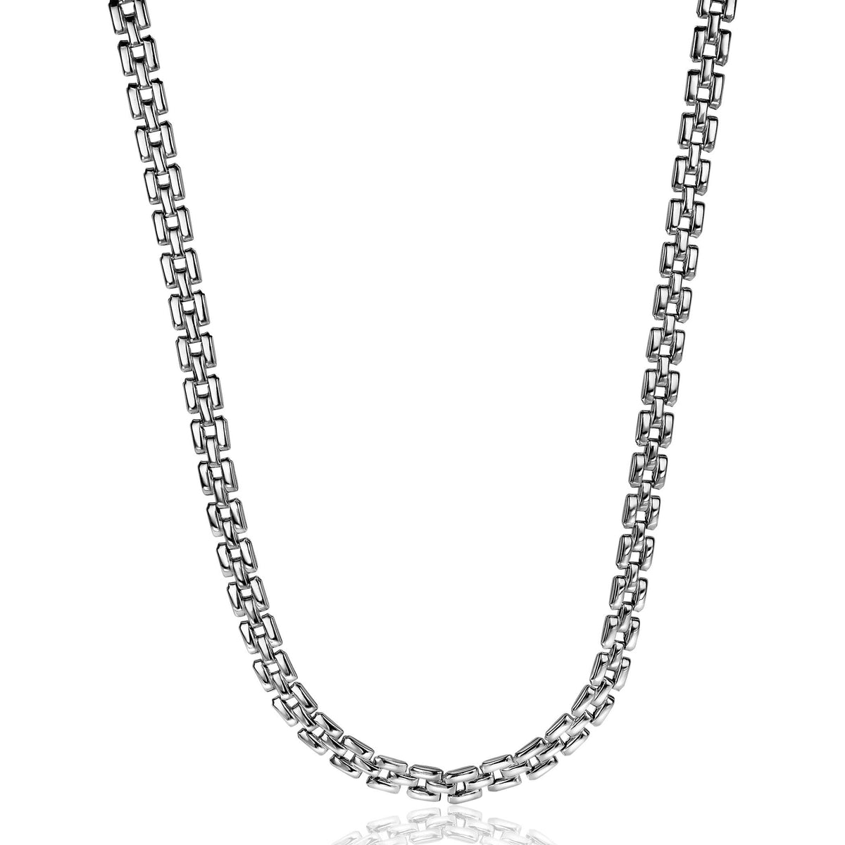 Collier en argent avec maillons rectangulaires, finition brillante.