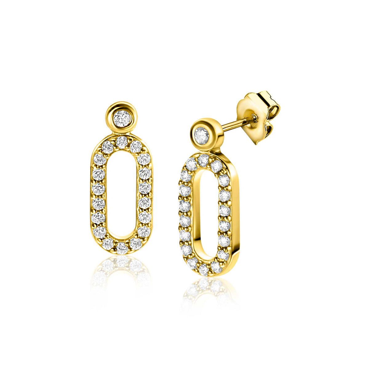 Boucles d'oreilles dorées avec des zircons, en forme ovale et suspendues.