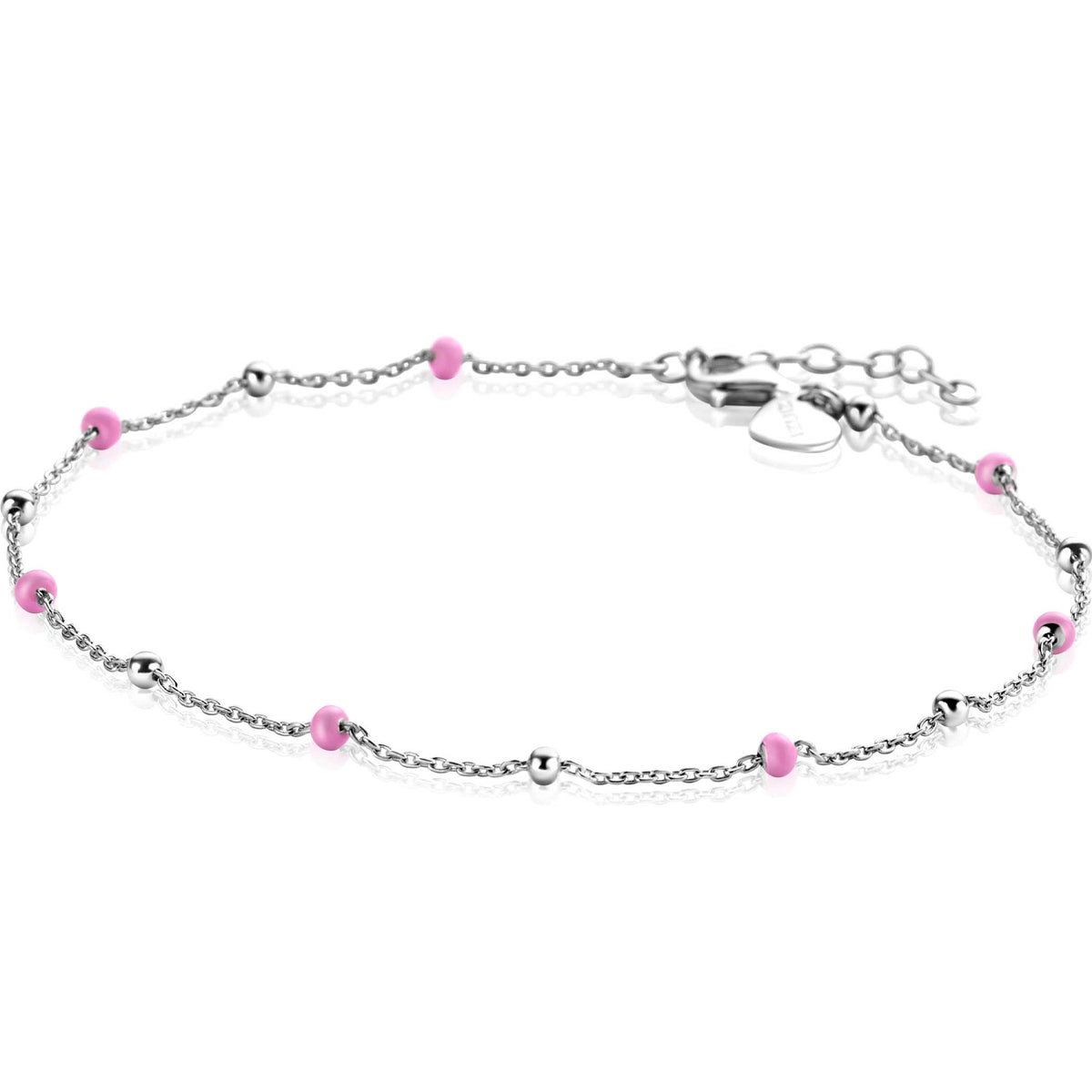 Collier en argent avec des perles roses et des billes argentées.