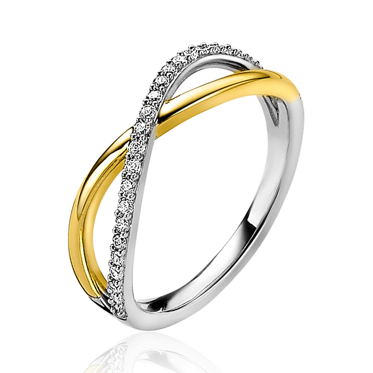 Bague en argent avec une finition dorée et des zircons, design en forme d'infini.