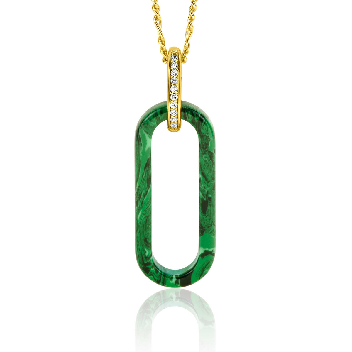 Pendentif en métal doré avec un motif vert marbré et des détails en strass.