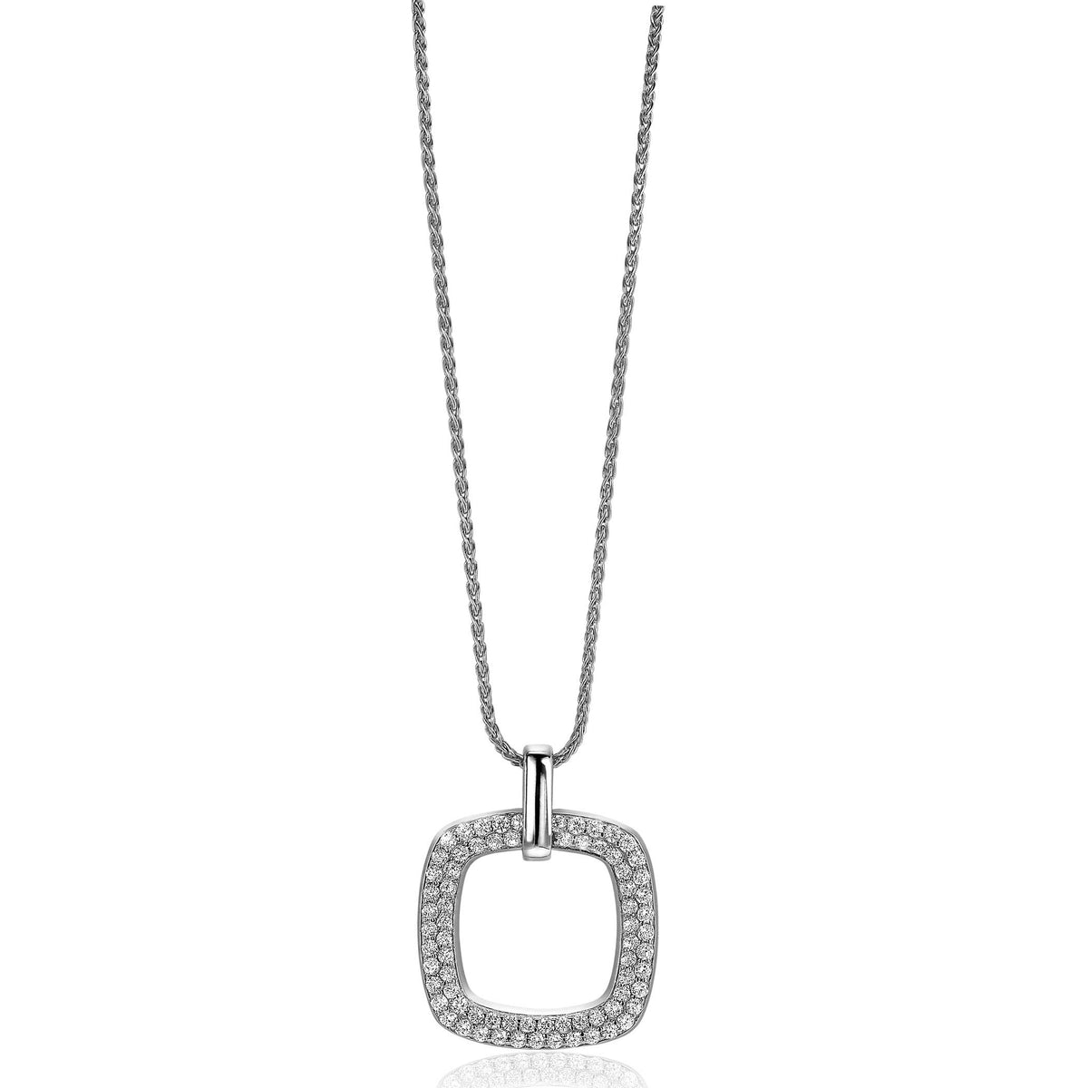 Pendentif en argent avec un design carré orné de pierres brillantes, suspendu à une chaîne délicate.