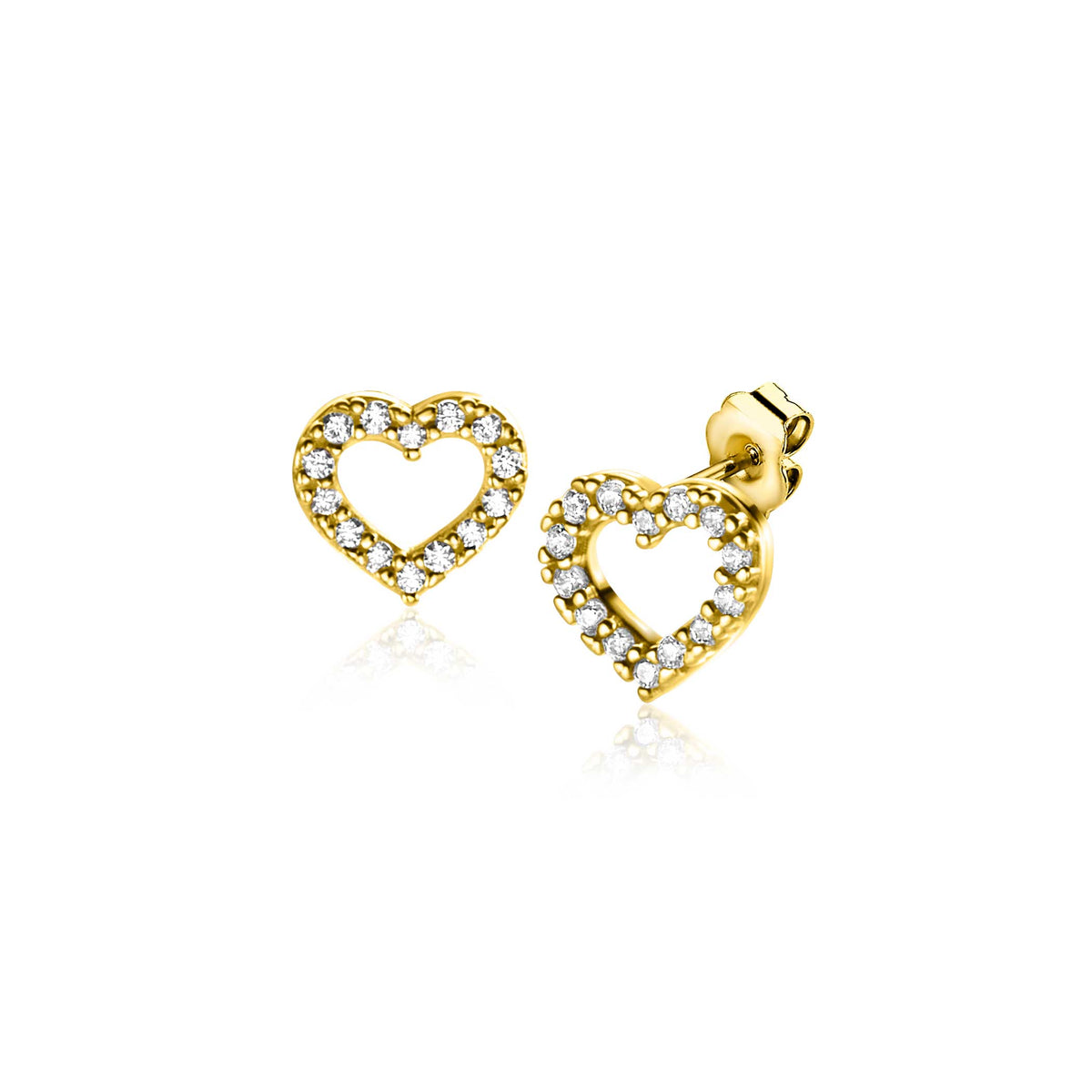 Boucles d'oreilles en or en forme de cœur, ornées de zircons scintillants.