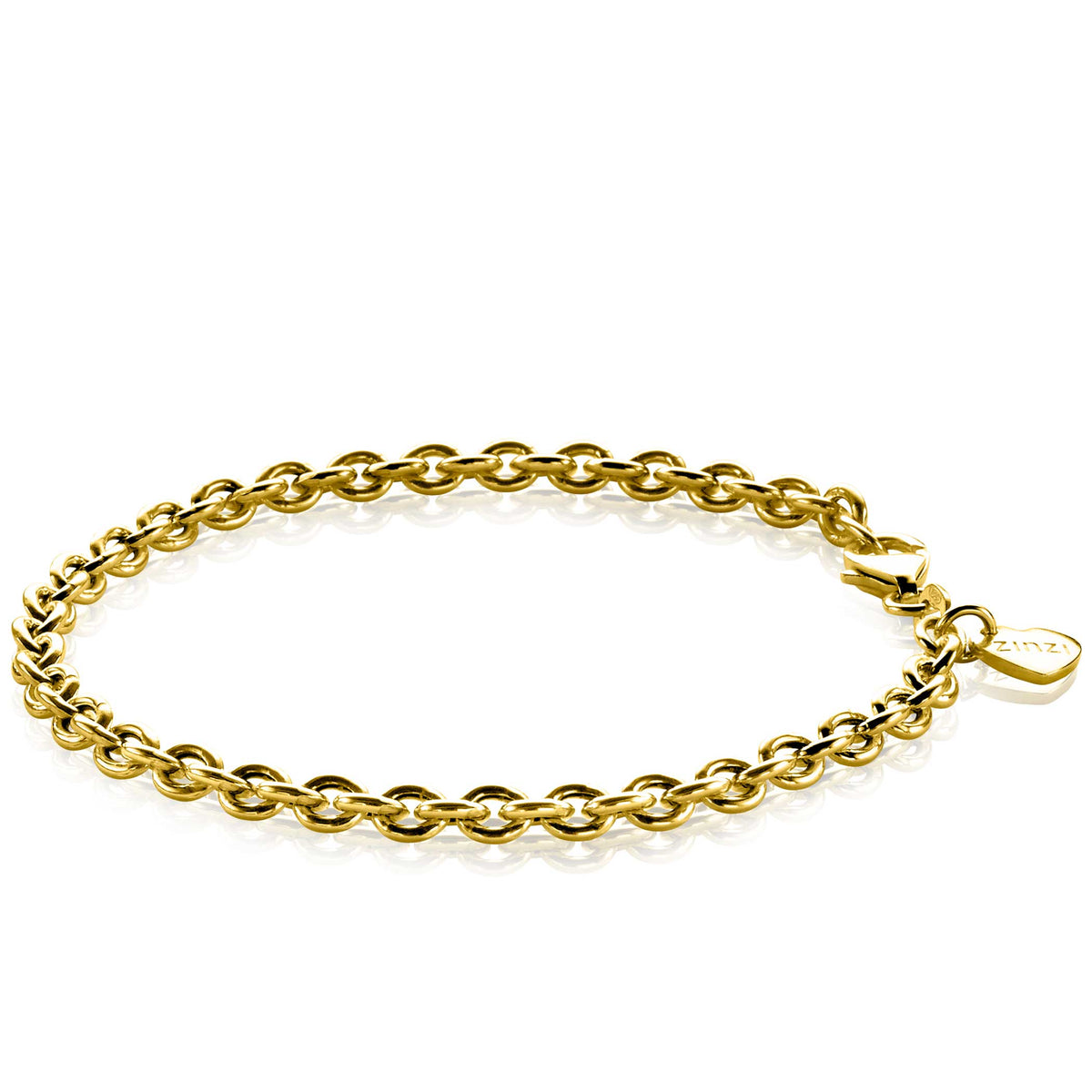 Bracelet doré en maillons, finition brillante avec un fermoir et un pendentif.