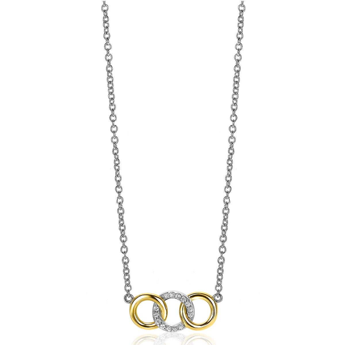 Collier plaqué or avec deux anneaux entrelacés et un cercle orné de pierres brillantes.