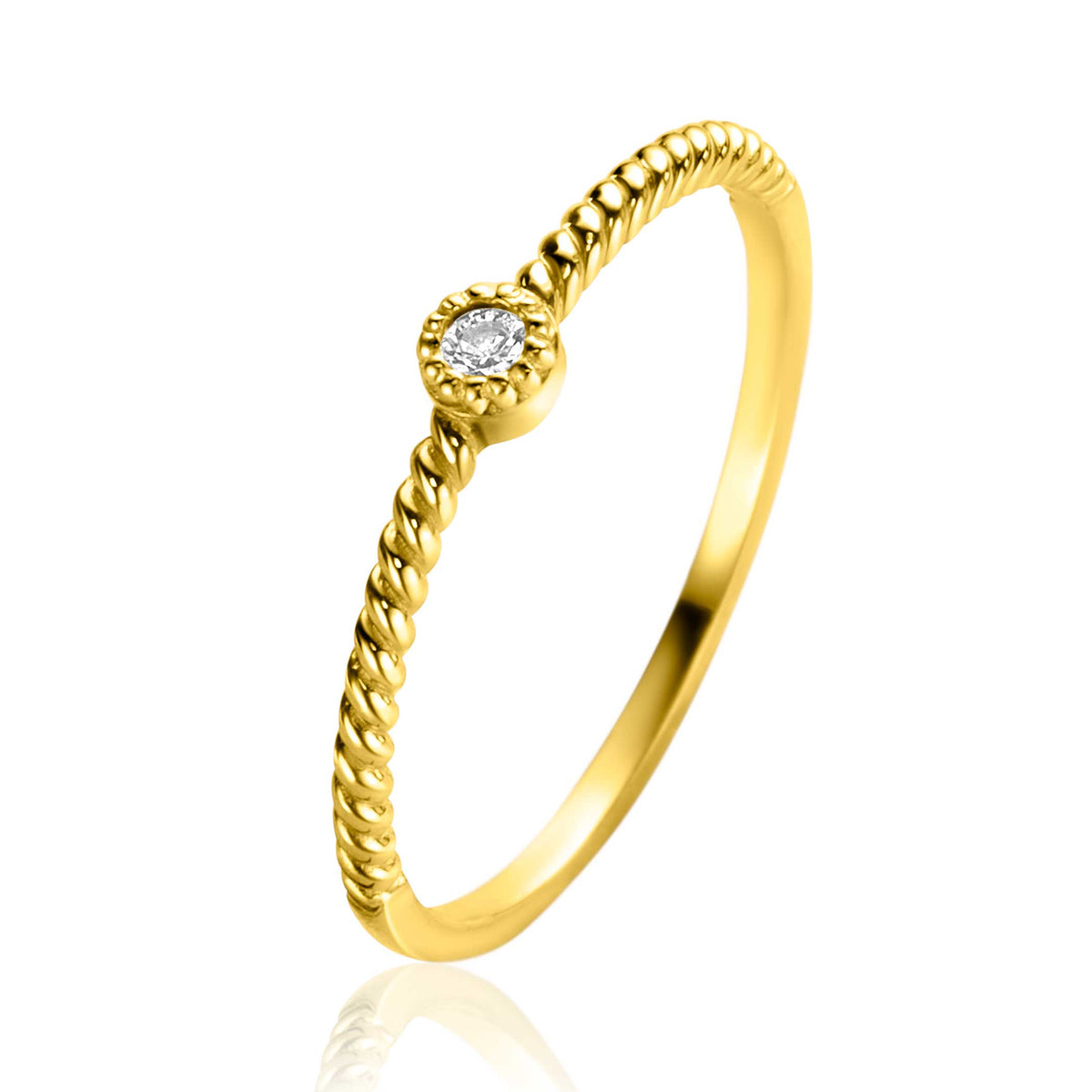 Bague dorée avec un motif torsadé et un petit diamant au centre.