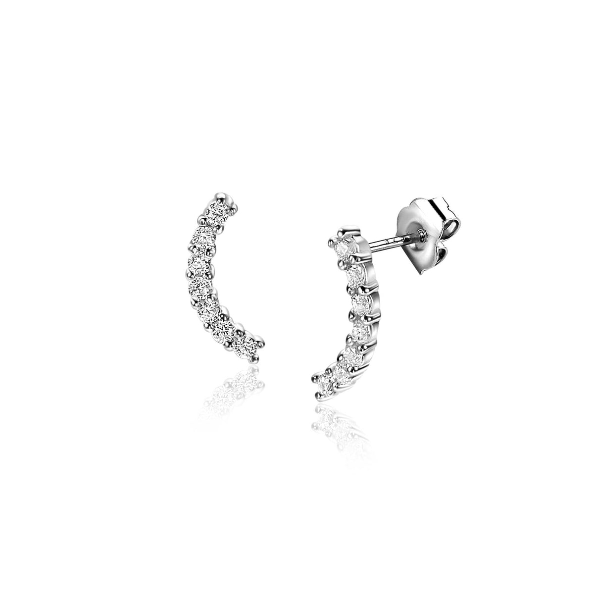 Boucles d'oreilles en argent avec des zircons, en forme de courbe délicate.