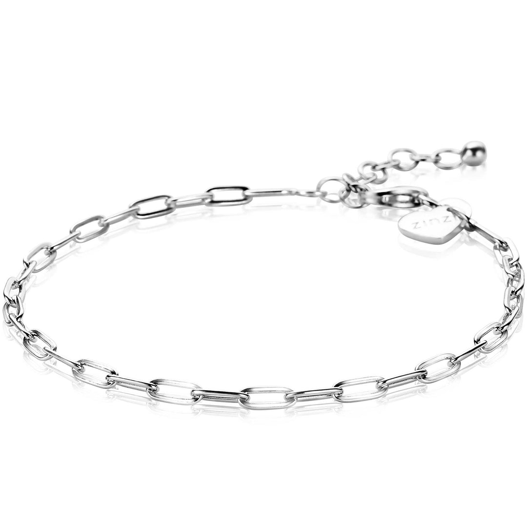 De Zinzi Armband Zilver Zia2150 toont een delicate zilveren ketting met paperclip-schakels en een verstelbare sluiting, met een klein hartvormig bedeltje dat prachtig licht reflecteert. Het wordt weergegeven op een witte achtergrond als onderdeel van de prachtige Zinzi-collectie.