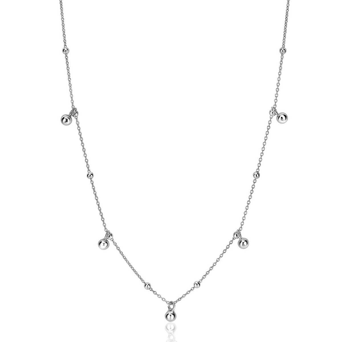 Collier en argent avec des perles rondes dispersées sur la chaîne.